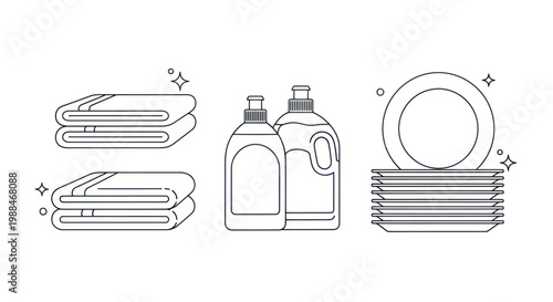 Set of cleaning supplies icons with towels detergent bottles and clean plates