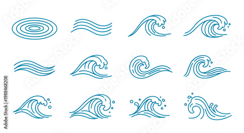 Collection of blue water wave and ripple line art icons.