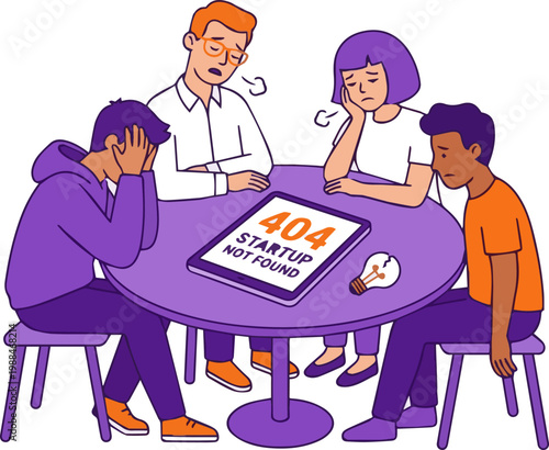 Flat illustration of depressed startup team with 404 not found screen representing business failure and burnout