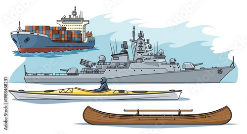 Various watercraft including a cargo ship a warship a kayak and a canoe.