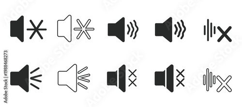 Vector icons of sound and mute symbols on white background for audio control