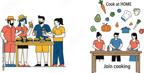 Colorful Flat Vector Illustration of Group People Cooking Together at Home with Fresh Vegetables and Kitchen Ingredients