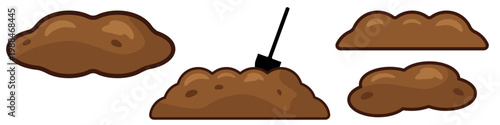 Collection of stylized soil and dirt piles including various mound shapes and a digging shovel element. Flat vector illustration for gardening agriculture landscaping or construction concepts.