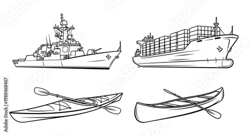 Collection of four different types of boats and ships.
