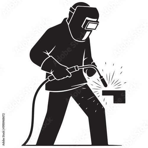 Professional welder in protective gear using a torch on metal with sparks, black and white vector illustration for industrial manufacturing and construction