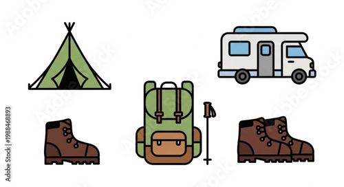 Camping and hiking gear collection with tent backpack and RV.