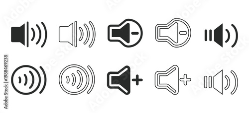 Vector set of various speaker icons on white background for audio and sound concepts