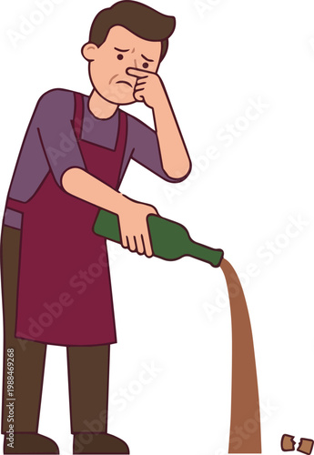 Male winemaker disgusted by bad odor pouring out spoiled rotten wine from bottle pinching nose