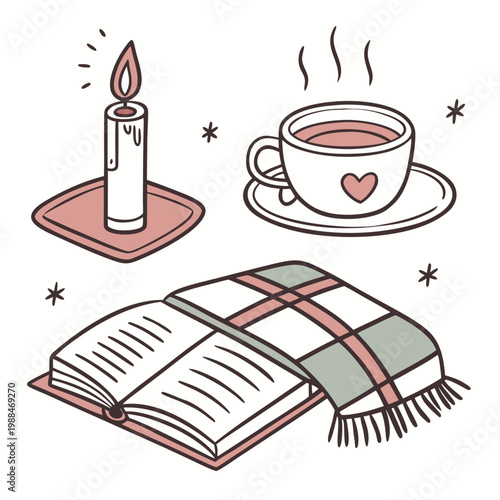 A cozy vector illustration of a candle, cup of tea, and an open book with a plaid blanket