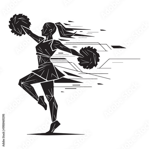 Geometric vector illustration of a cheerleader dancing with pom-poms in a dynamic motion pose for sports branding