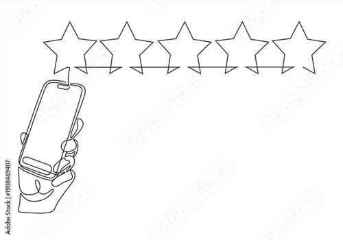 single continuous line drawing hand holding smartphone showing screen to the front. Rating of 5 stars to online seller. Best quality. Write a Review Day. Single line draw design vector illustration