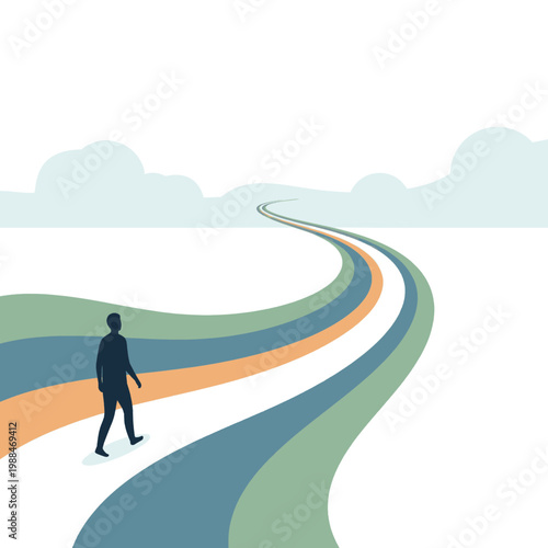 Man walking on a winding road towards the horizon, symbolizing journey, future, and progress.