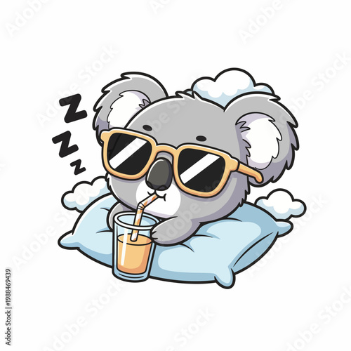 Photography Koala wearing sunglasses and drinking.