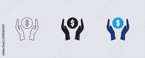 Vector icon, financial concepts like saving money, investment, and financial deposits. hands holding a coin with a dollar symbol, web apps, mobile apps, and print media related to banking, business.