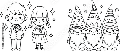 Cute Kawaii Kids and Christmas Gnome Characters Outline Vector Set with Adorable Boy Girl and Dwarf Trio for Coloring Book Design