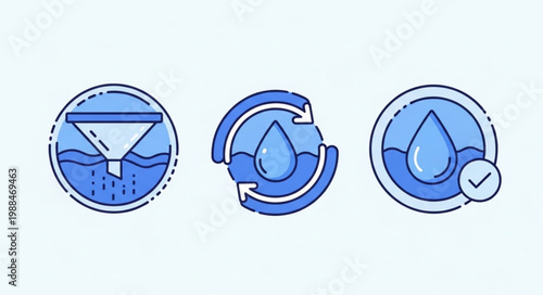 Water filtration and purification process icons.