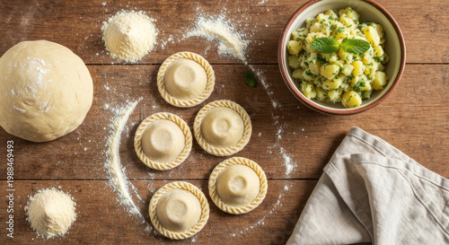 Overhead Flat Lay of Hand-Crimped Sardinian Culurgiones Pasta Preparation with Fresh Ingredients on Floured Rustic Wooden Table