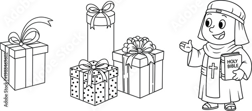 Cute Cartoon Christian Character Holding Holy Bible with Gift Boxes and Ribbon Bow Outline Vector Illustration Set