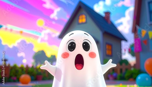 “Joyful ghost in colorful sky — playful fantasy”
