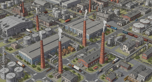 Industrial factory complex with tall smokestacks emitting steam.
