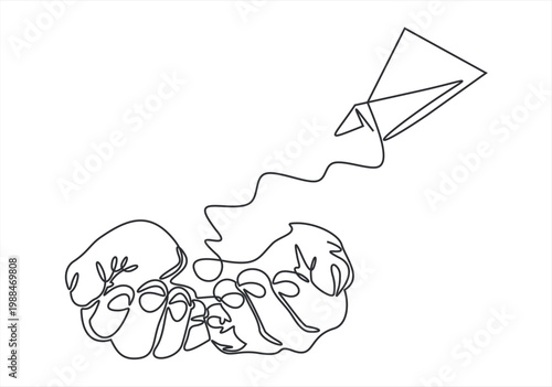 Hands launches into the sky airplane isolated on white background. continuous line illustration. one line vector. concept of traveling, start up, Paper plane icon line continuous drawing vector.