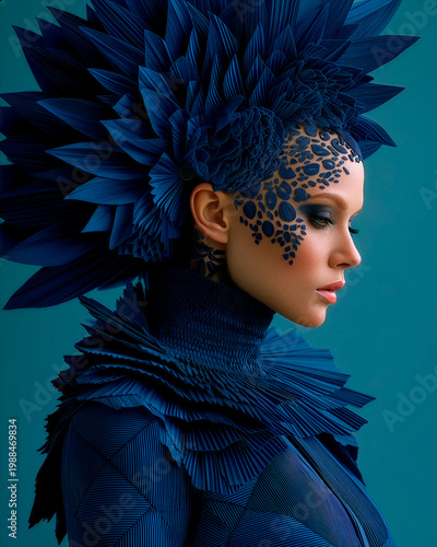 Extreme avant-garde fashion model with sculptural hair architecture and radical makeup, posed in a surreal futuristic landscape with dramatic lighting and hyper-detailed cinematic composition.