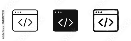 Web Development Browser Icon Set with Code Symbol in Three Styles