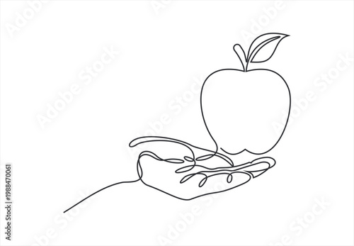 Continuous line drawing of hand holding apple fruit. Apple fruit on hand drawn in one line art style. Vector illustration.