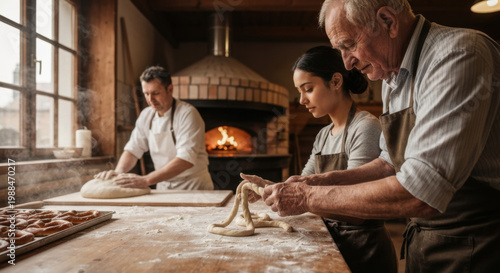 Multigenerational Bavarian Bakers Crafting Traditional Pretzels with Diverse Apprentice in Rustic Family Bakery