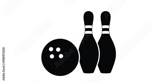 A simple black and white illustration depicts a bowling ball and two bowling pins high quality