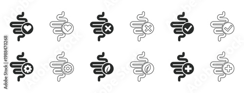 Digestive system icons with various symbols on white background