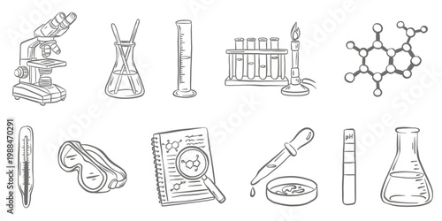 Chemistry Lab Equipment Doodle Vector Set. Simple hand-drawn icons of microscope, beakers, flasks, and molecule structure. Perfect for science projects, education, and school designs.