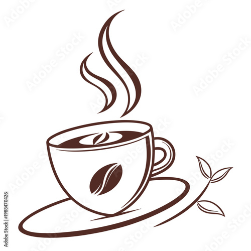 Hot coffee cup with steam and coffee bean icon line art black and white