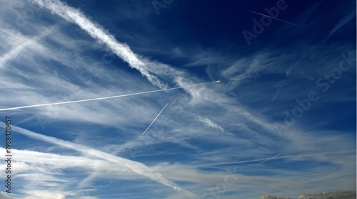 Blue sky with wispy clouds chemtrails geoengineering atmosphere climate air environment sky cloud vapor trail pollution science weather abstract background concept