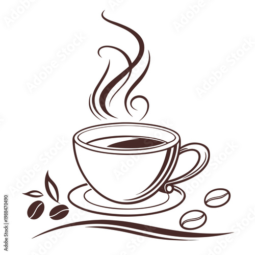 Steaming cup of coffee with beans - graphic art, coffee beans are scattered