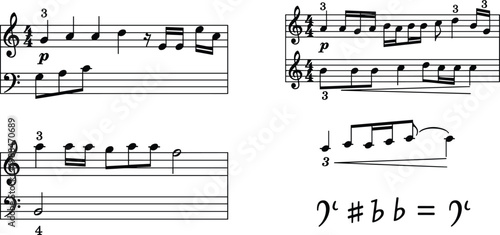 Classical Music Sheet Notes with Treble Bass Clef Staff Lines and Musical Symbols Flat Vector Illustration Set for Education Design