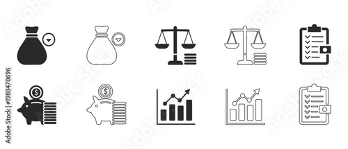 Financial icons set including money bag, Scales, Clipboard, Piggy bank and graph on white background