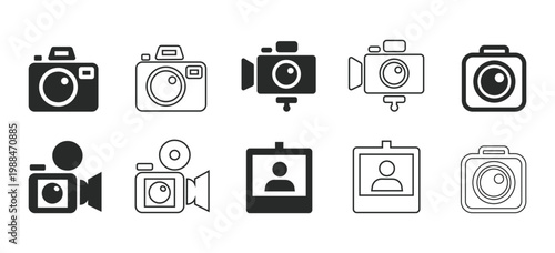 Collection of camera and video camera icons on white background for photography and videography concepts