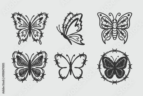 Butterfly Barbed Wire Tattoo Flash Set - Edgy Grunge Aesthetic Illustration