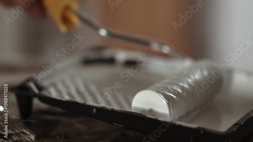 Close-up of Paint Roller Dipped into White Paint in Tray, Preparing for Wall or Door Painting, 4K 10-bit