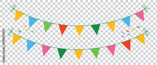 Colorful triangular pennant bunting flags hanging in a festive curved line.