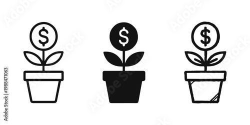 Money Growth Investment Icon Set with Dollar Plant in Pot in Three Styles