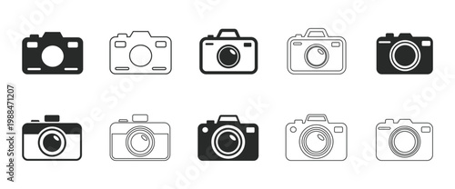 Collection of camera icons on white background for design and editing