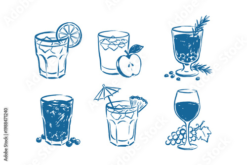 Blue Hand-Drawn Sketch Set of Various Cocktails and Drinks