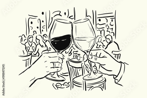 Hand-Drawn Sketch of Wine Toast in Busy Restaurant