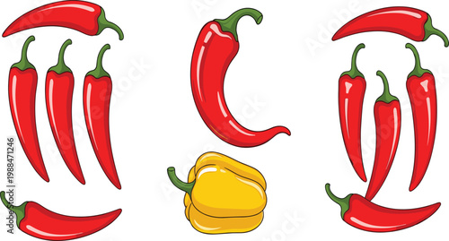 Fresh Red and Yellow Hot Chili Pepper Collection Spicy Vegetable Food Ingredient Flat Vector Illustration Set for Cooking Design