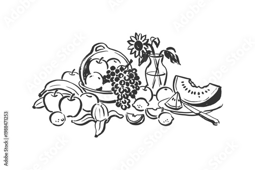 Black and White Hand-Drawn Fruit Still Life Ink Illustration