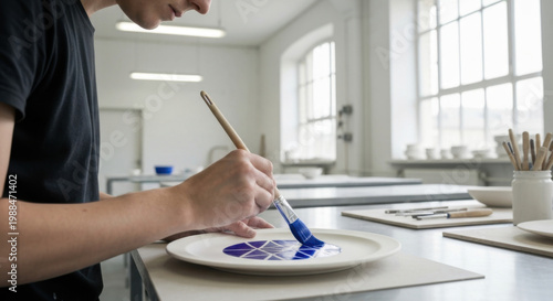 Young German artisan precisely hand-painting intricate cobalt patterns on porcelain plate in minimalist studio