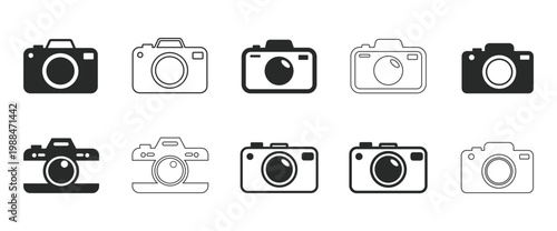 Vector set of various camera icons in black and white on white background for graphic design, editing, and photography concepts