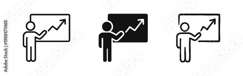Business Presentation Icon Set showing Growth Graph on Board in Three Styles